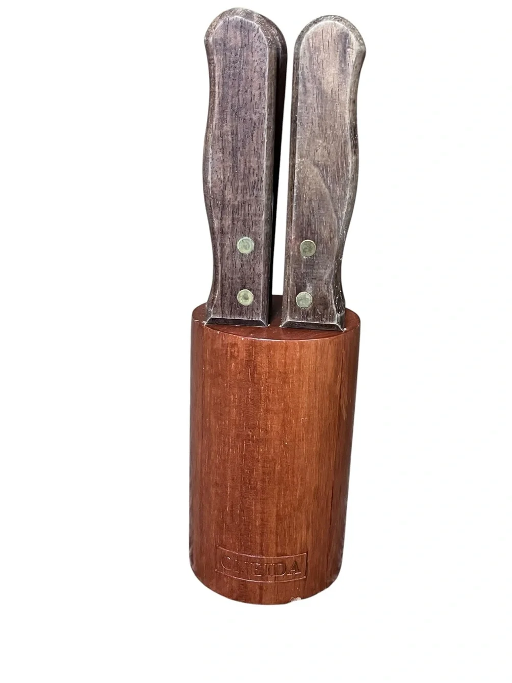 6 Oneida Stainless Steel Wood Handled Steak Knives 10” Long With Block VGC